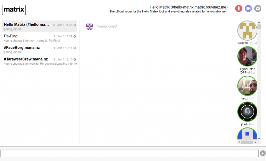 Matrix web Interface, connected to MANA.NZ Matrix Synapse "Home Server"